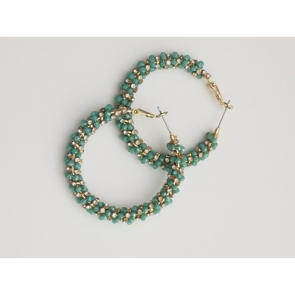 Unbranded Jewelry - New Turquoise Gold Tone Handmade Hoop Earrings 1.75" Sparkle Seed Bead